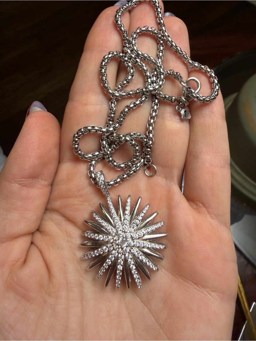 Sterling Silver Starburst Pendant Necklace - Silver